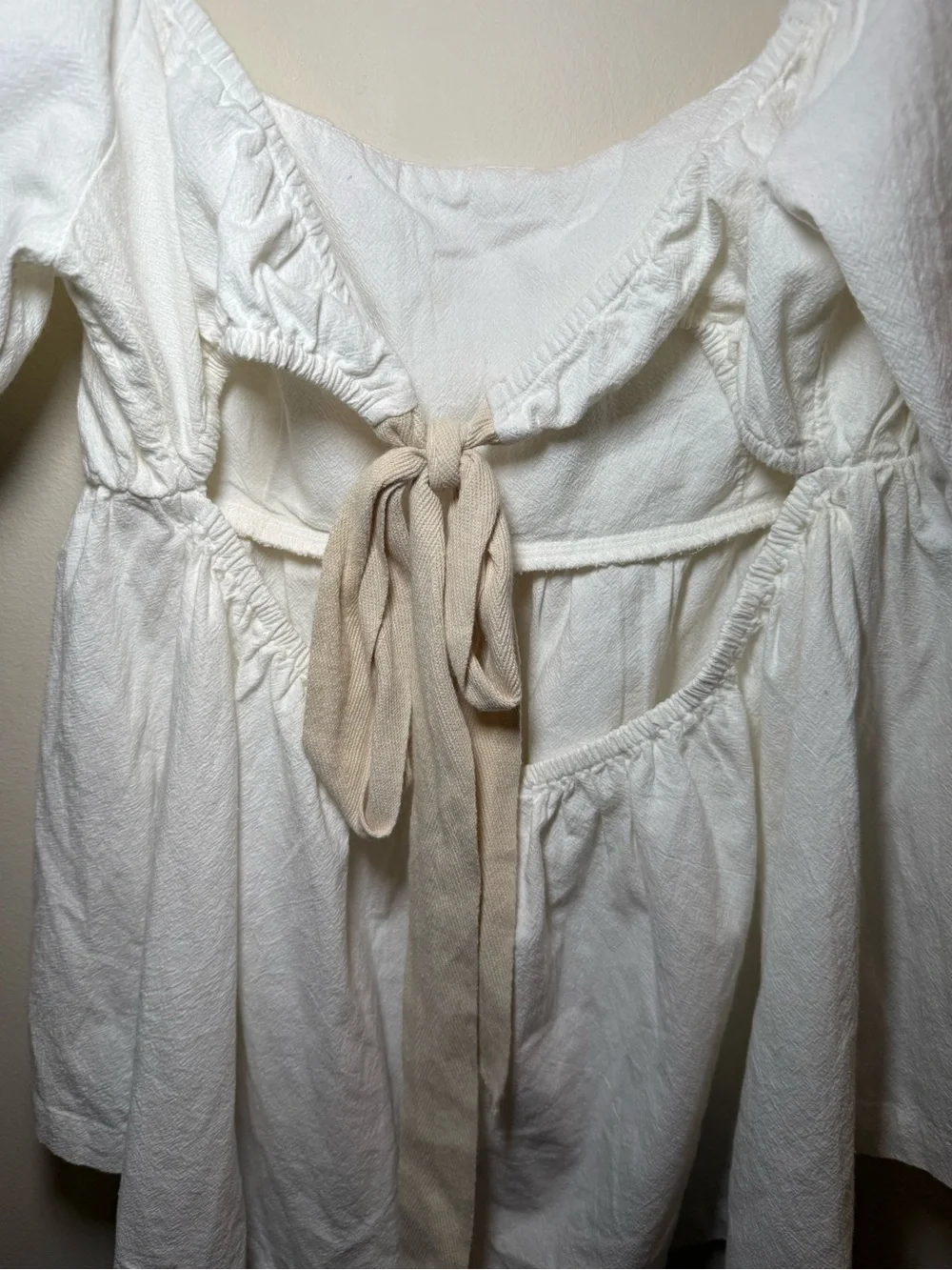 Free People White Cotton Babydoll Blouse NWT Medium Puff Sleeves Open Tie Back